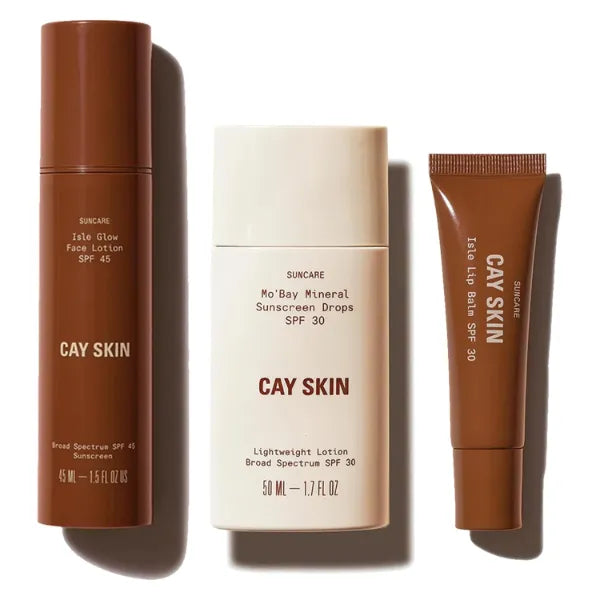 Cay Skin 3-Piece Skincare Set – Isle Glow SPF 45 Moisturizer & Primer, Mo’Bay SPF 30 Mineral Sunscreen Drops, Clear Lip Balm (3.55oz)