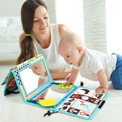 Joyfia Tummy Time Baby Mirror Toys Baby Toys 0-6 Months, Floor Mirror with Crinkle Cloth Book & Teethers, Double-sided Black and White High Contrast Toy, Infant Sensory Toys for Newborn 0-12 Months