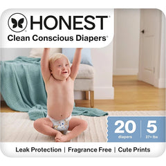 The Honest Company Comfort Dry Disposable Diapers for Sensitive Skin, Hypoallergenic, Fragrance-Free, It's a Pawty, Polybag Size 5 (27 lbs), 20 Count