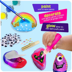 Creoos Rock Painting Kit for Kids Glow in The Dark Arts and Crafts Toys 12 Acrylic Paint 10 Rocks Stickers Gems Craft Summer Activities Kits Art Set DIY Supplies Birthday Gifts Toys for Girls and Boys