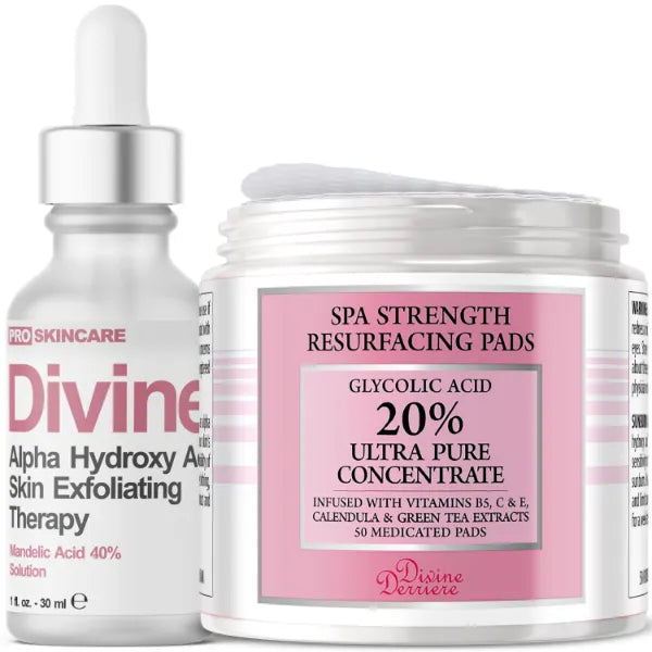 Divine Derriere Anti-Aging Skin Care Set: 40% Mandelic Acid Peel & Glycolic Resurfacing Pads - Purifies Skin, Eliminates Wrinkles & Acne Scars for Clear, Glowing Complexion