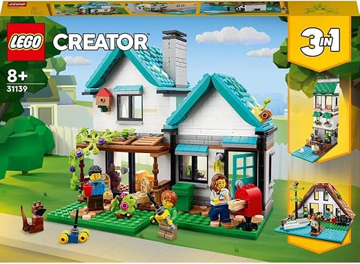 LEGO 31139 Creator 3 in 1 Cosy House Toy Set, Model Building Kit with 3 Different Houses plus Family Minifigures and Accessories, Gift for Kids, Boys and Girls