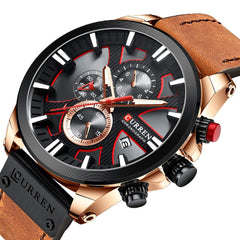 CURREN Mens Water Resistant Sport Chronograph Watches Military Multifunction Leather Quartz Wrist Watches, rose gold brown, Chronograph,Quartz Movement