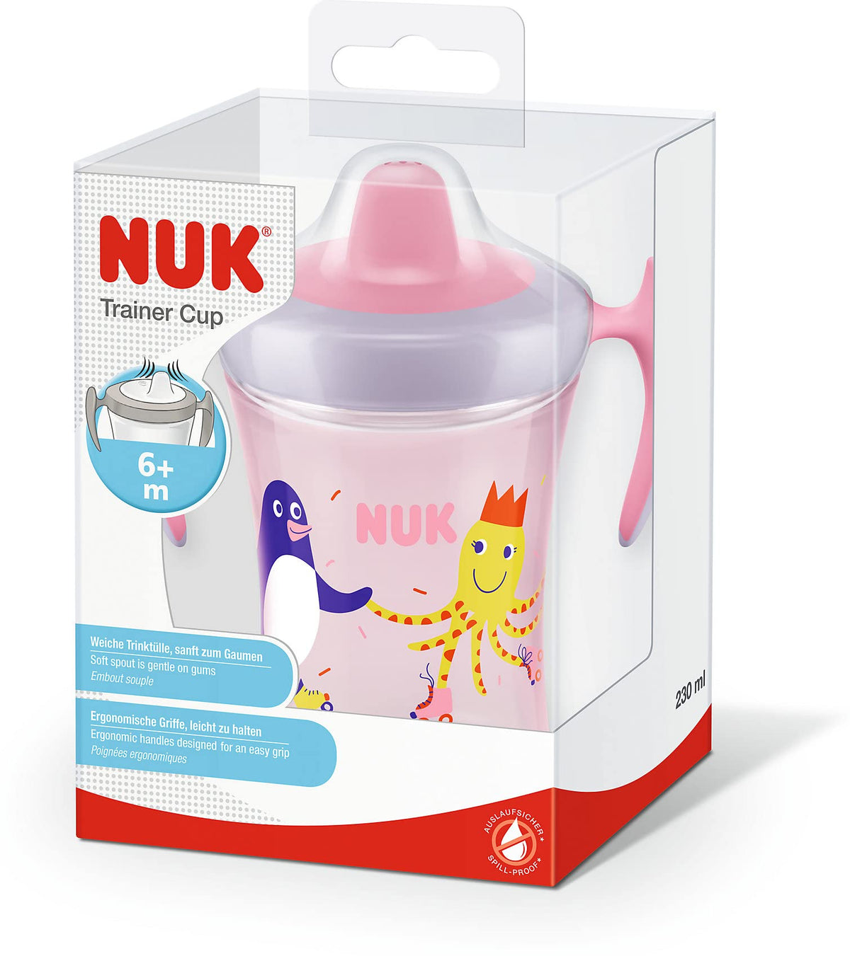NUK Trainer Cup Sippy Cup | Leak-Proof Soft Drinking Spout | 6+ Months | BPA-Free | 230ml | Pink Penguin
