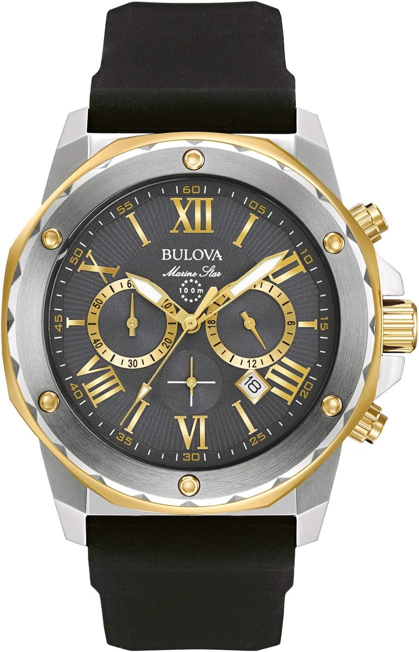 Bulova Men's Marine Star 'Series A' Chronograph Quartz Watch, Luminous Markers, Rotating Dial, 100M Water Resistant, 44mm - Two Tone Gold/ Black