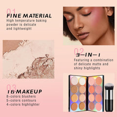 ChicAbode 16 Colors Blush Contour Highlighter Makeup Palette, All-in-One Shimmer Silky Matte Mineral Blush Powder Palette, Face Sculpting Bronzer Blusher Illuminator Palette for a Natural Glowing