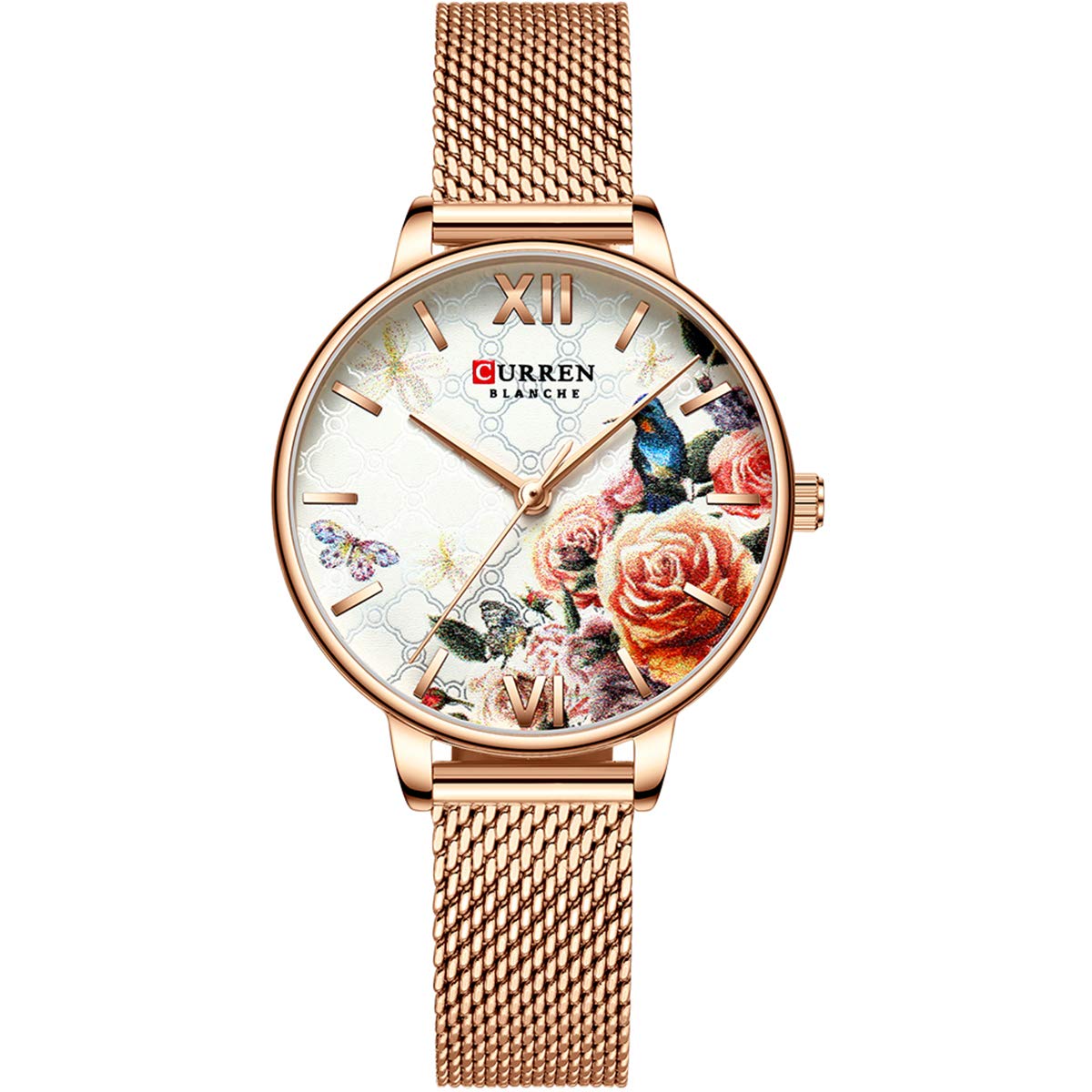 CURREN 9060 Women's Casual Flower Dial 3ATM Waterproof Stainless Steel Mesh Strap Quartz Watch