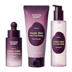 EQQUALBERRY Purple Rice 3 Step Pore Care & Glass Skin Trio Cleansing Oil, Pack Cleanser & Pore Minimizing Serum Complete Korean Skincare for Double Cleansing, Pore Refining & Skin Prep