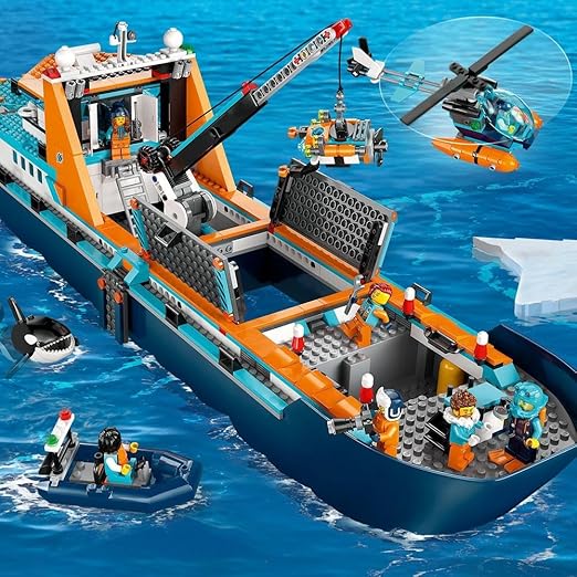 LEGO 60368 City Arctic Explorer Ship, Large Toy Boat that Floats with a Helicopter, Dinghy, Sub, Viking Shipwreck, 7 Minifigures and an Orca Figure, Gift for 7+ Year Old Kids, Boys, Girls