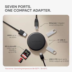 Satechi OntheGo 7-in-1 USB-C Hub, Compact Magnetic Multiport Adapter, 100W PD, HDMI 4K/60Hz, Gigabit Ethernet, 2×USB-A 5Gbps, SD/microSD Reader, Coiled Cable, for Mac & Windows – Space Black