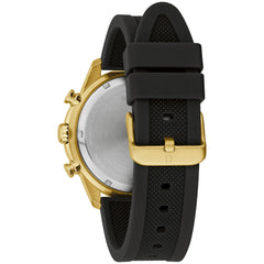 Bulova Men's Sport 6-Hand Chronograph Quartz Watch with Silicone Strap, 24 Hour Time, Calendar Date, Luminous Hands and Markers, 100M Water Resistant, 44mm - Black Rubber Strap/ Gold Tone