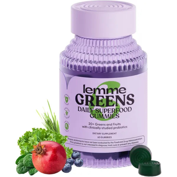 Lemme Greens Superfood Gummies w/Multi - Support Gut Health & Reduce Bloating, 20+ Organic Greens and Superfruits, Clinically Studied Probiotics, D3, B12 - Berries & Greens Flavored (60 Count)