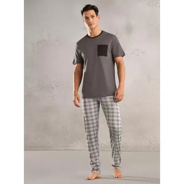 Plain T-shirt and Checked Pyjama Set - Gray