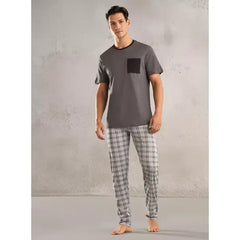 Plain T-shirt and Checked Pyjama Set - Gray