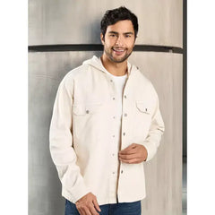 Plain Hooded Shacket with Pockets - Beige