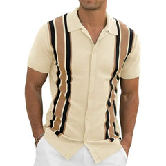 Iceglad Mens Polo Shirts Vintage Striped Knitting Short Sleeves Button Down Golf Shirts