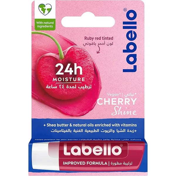 Labello Cherry Shine Lip Balm, 24H Melt-In Moisture, with Shea Butter and Natural Oils Enriched with Vitamins, with Natural Ingredients, Mineral Oil Free, Vegan, 4.8g