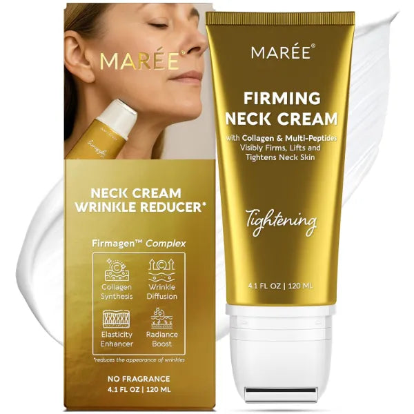 MAREE Neck Cream with Face Roller – Neck Creams For Tightening and Firming – 3D-Collagen, Pro Retinol & AH-8 Firming Neck Cream Roller, 120 ml