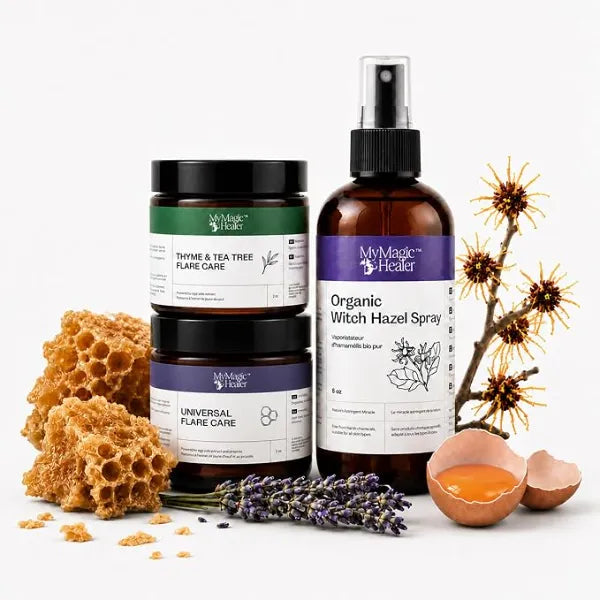 MyMagicHealer Teen Flare Care Routine Daily Care for Acne-Prone Skin, Stubborn Flare Ups, Breakouts, Pimples & Body Bumps Green 2 oz + Purple 2 oz + Witch Hazel