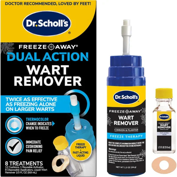 Dr. Scholl's Dual Action Freeze Away Wart Remover, 8 ct Twice as Effective as Freezing Alone on Larger Warts, Fast Acting Treatment for Common and Plantar Wart Removal, Safe to Use on Kids Ages 4+