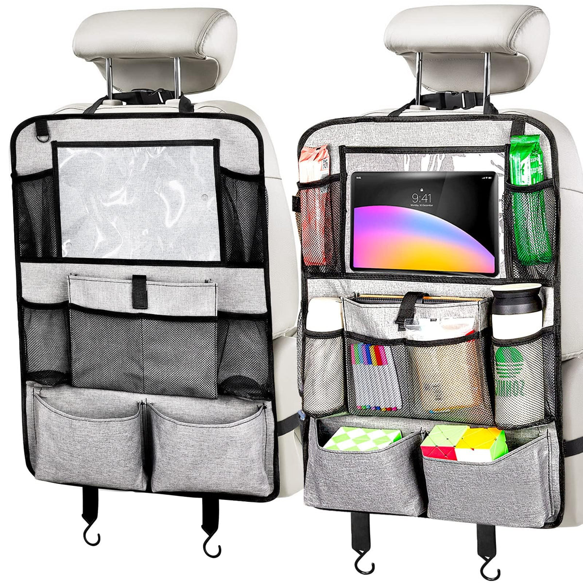 TERRIFI Car Seat Organiser, 2 Pcs Car Back Seat Organiser for kids, Car Seat Protector With 9 Storage, Car Accessories for Family Road Trip (Grey)