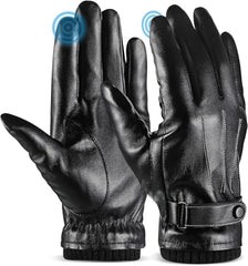 Winter Genuine Sheepskin Leather Gloves For Men Warm Touchscreen Texting Cashmere Lined Driving Motorcycle Gloves Cashmere Lining Driving Gloves for Outdoor Use, 12 Years - Black