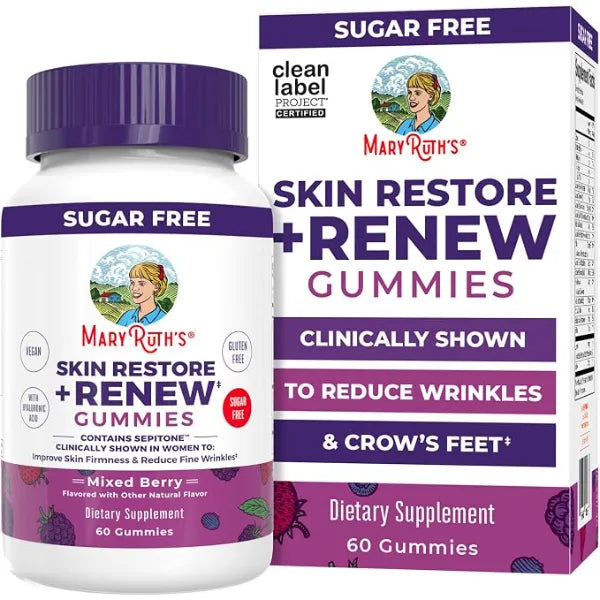 MARYRUTH'S Skin Restore + Renew Gummies with Hyaluronic Acid, 60 Gummies | Skin Hydration, Clinically Shown to Reduce Fine Wrinkles & Improve Skin Firmness in Women, Vegan Collagen Production