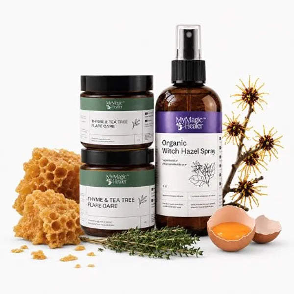 MyMagicHealer Body Breakouts Flare Care Routine Daily Care for Acne-Prone Skin, Bacne, Chest Breakouts, Pimples & Stubborn Flare Ups Green 2 oz + Purple 2 oz + Witch Hazel Spray