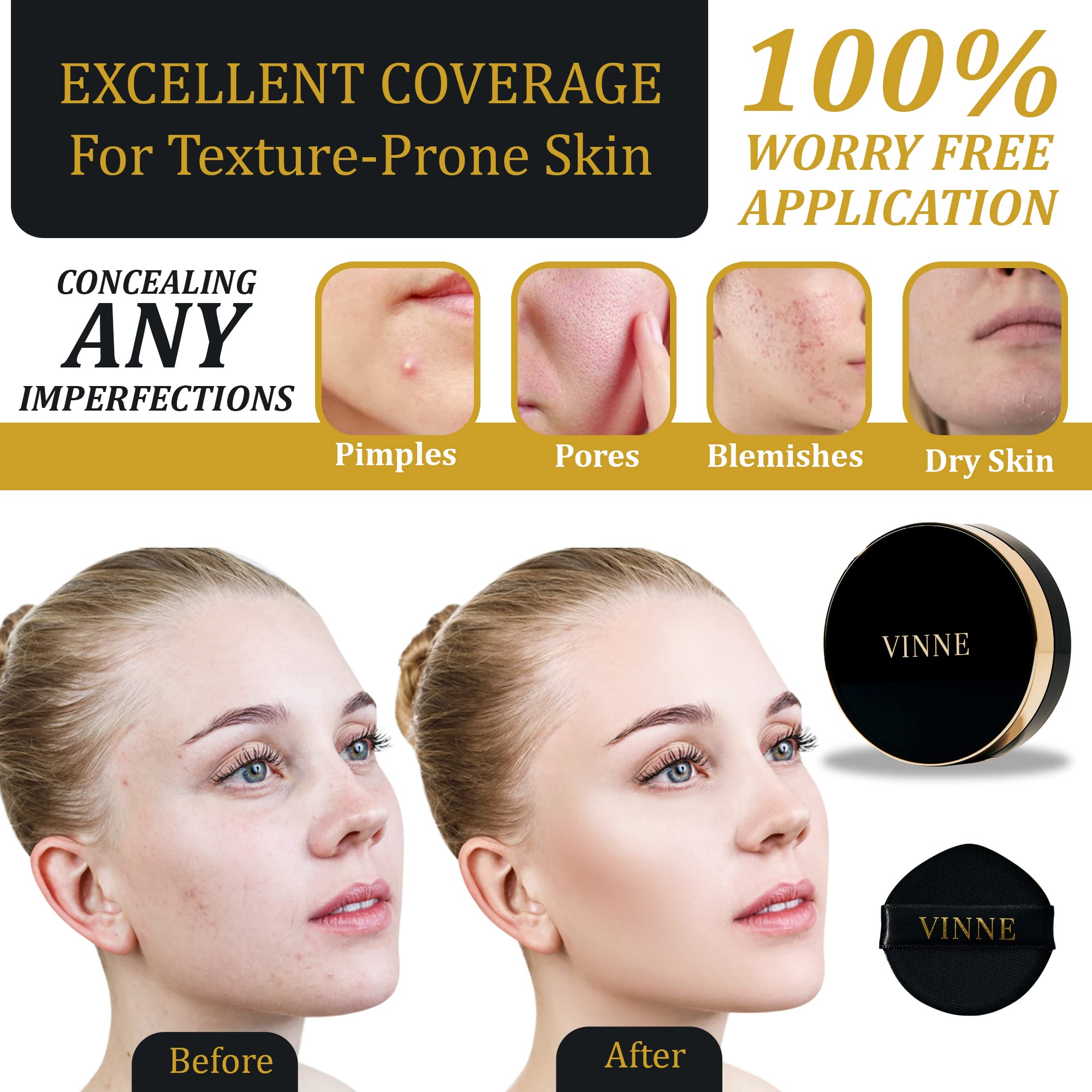 VINNE Korean Cushion Foundation, Lightweight, Essence Makeup Natural and Dewy Finish, 12-Hour Lasting Effect, 0.42 Oz- #21 Light Beige (Refill Not Included)