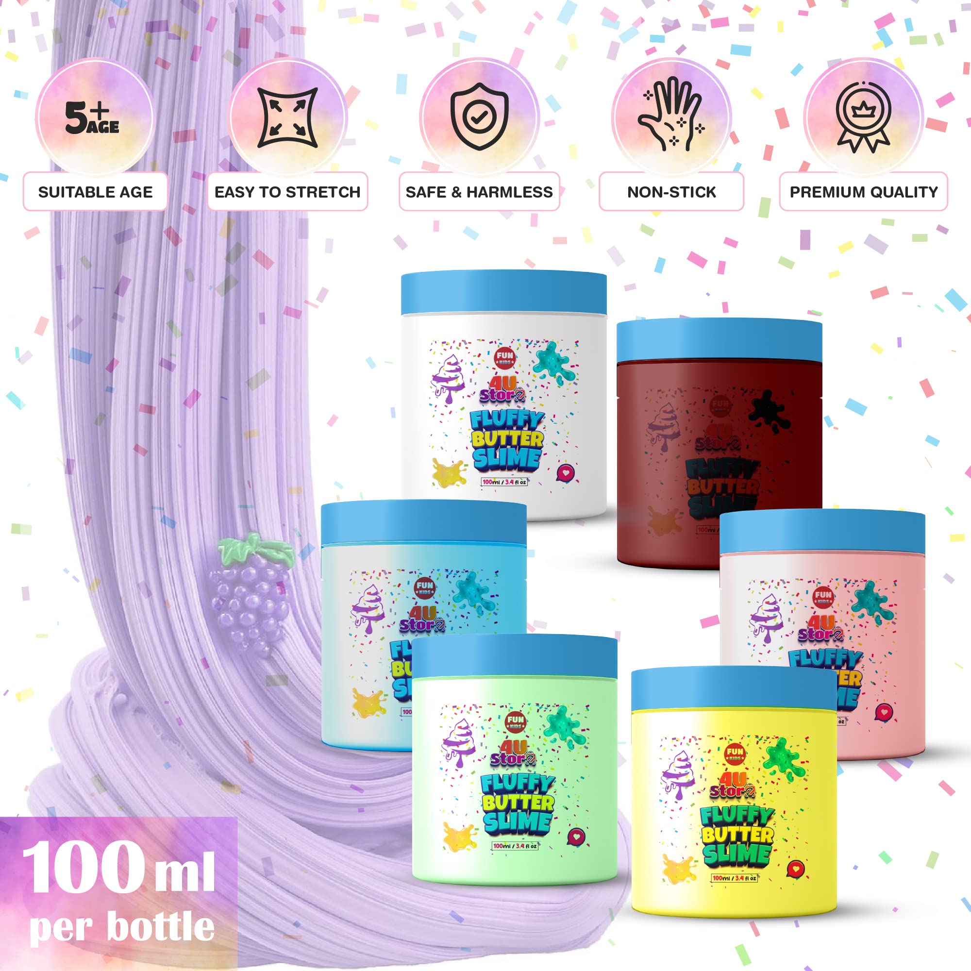 4USTORE (800ML) Butter Slime Kit for Kids, Girls & Boys - Non-Sticky, Scented, Soft & Glossy to Make Your Own Cloud Slime – Stress Relief Party Favors & Great Gift Idea 8 Bottles (100ml Per Bottle)