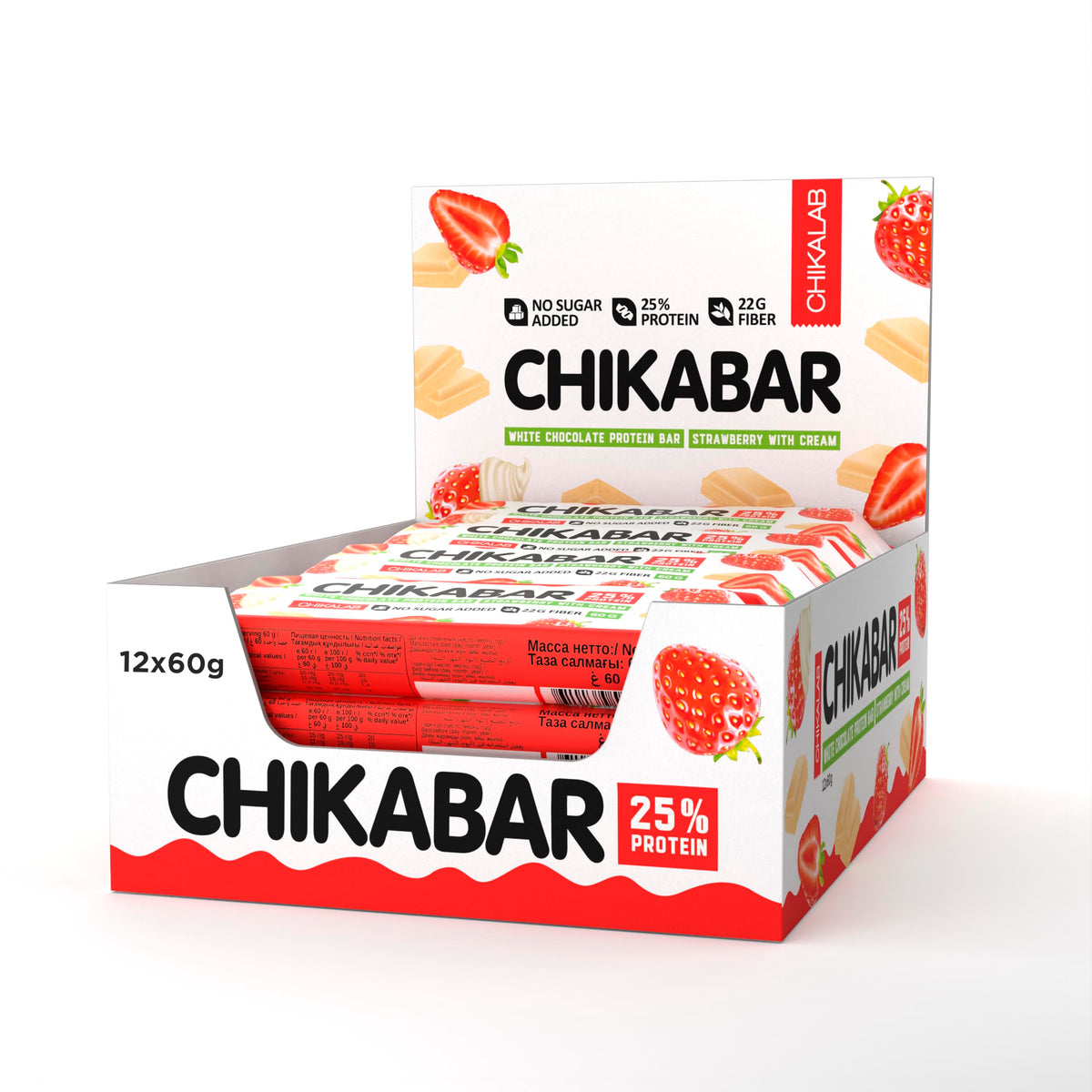 Chikalab Chikabar White Chocolate Protein Bar Strawberry with Cream No Sugar Added - 60g (Pack of 12)