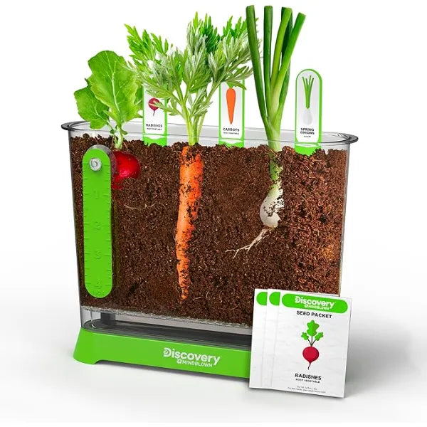Discovery Edible Veggie Garden Watch It Grow Kit DIY STEM Activity for Kids Grow Carrots, Radishes & Onions 11 Piece Science Kit with Seeds, Potting Mix & Root Tracker Learning Toy Gift Ages 6+
