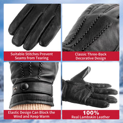 yafeite Winter Leather Gloves for Men, Genuine Sheepskin Black Leather Warm Cashmere Gloves