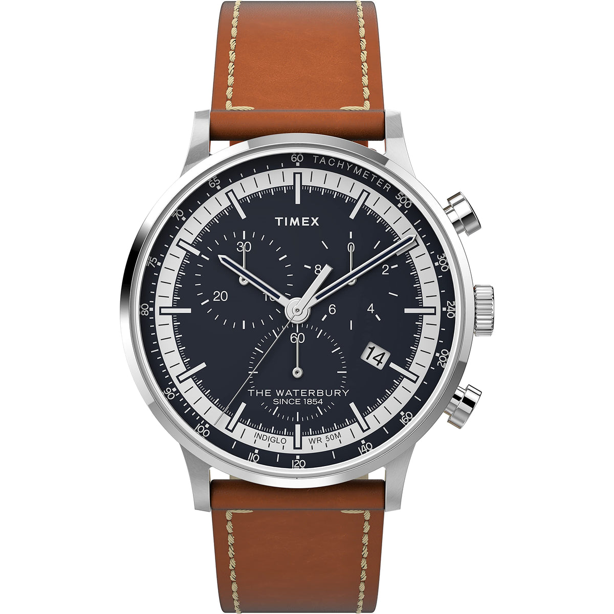 Timex mens Chronograph Watch Waterbury with Leather Strap - Brown/Blue/Stainless Steel