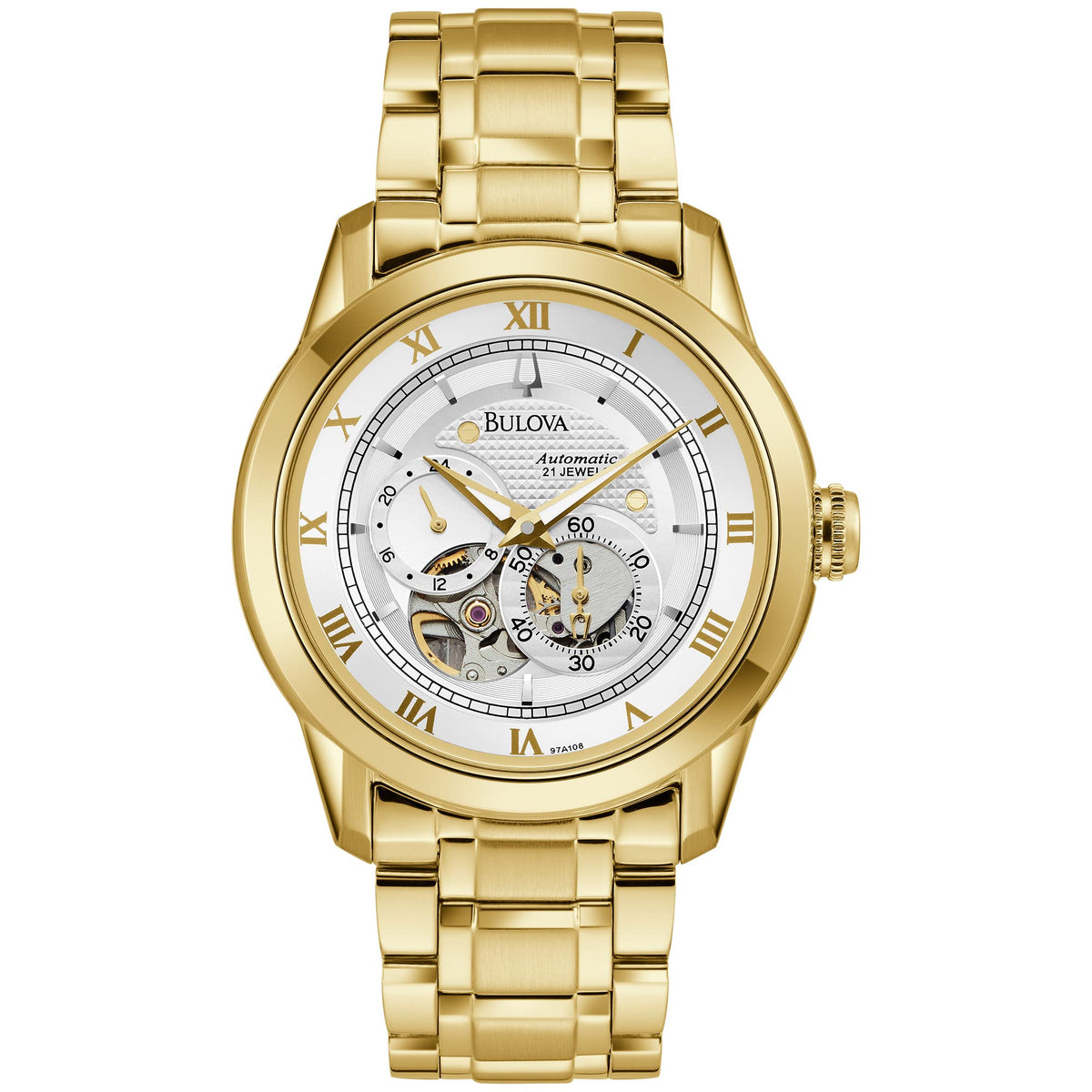 Bulova Men's Classic Sutton 4-Hand Automatic Watch, 24-Hour Sub Dial, Open Aperture, Self-Winding, Exhibition Caseback, Double Curved Mineral Crystal, Luminous Hands, 42mm - Gold Tone
