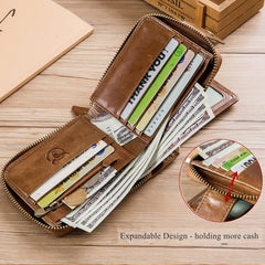 BULLCAPTAIN Genuine Leather RFID Wallet for Men Large Capacity ID Window Card Case with Zip Coin Pocket QB-231, Brown, Small, Minimalist