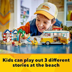 LEGO Creator 3 in 1 Beach Camper Van Building Kit, Transforms from a Campervan to Ice Cream Shop to Beach House, Great Gift for Surfer Boys and Girls, Pretend Play Beach Life, 31138