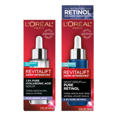 L'Oréal Paris 1.5% Pure Hyaluronic Acid with Vitamin C and 0.3% Retinol Serum for Face Revitalift Derm Intensives Anti Aging Skin Care Day Night Regimen, 1 Fl Oz (Pack of 2)