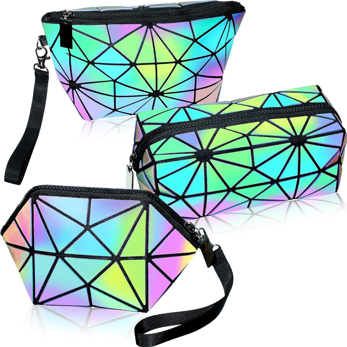 3 Pieces Makeup Bags for Women, Portable Travel Cosmetic Bag Organizer Case with Wrist Strap Toiletry Bags Geometric and Foldable Makeup Bags (Polychrome, One size)