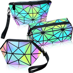 3 Pieces Makeup Bags for Women, Portable Travel Cosmetic Bag Organizer Case with Wrist Strap Toiletry Bags Geometric and Foldable Makeup Bags (Polychrome, One size)