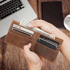 Polare Men's RFID Blocking Vintage Italian Genuine Leather Slim Bifold Wallet Handmade - Brown