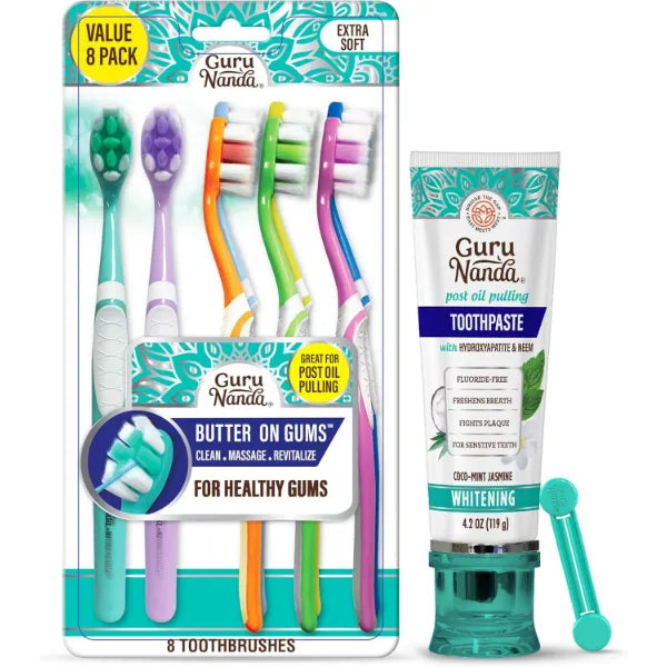 GuruNanda Daily Oral Care Bundle – Hydroxyapatite Toothpaste & Butter on Gums Soft Toothbrush for Gentle Cleaning & a Happier Smile