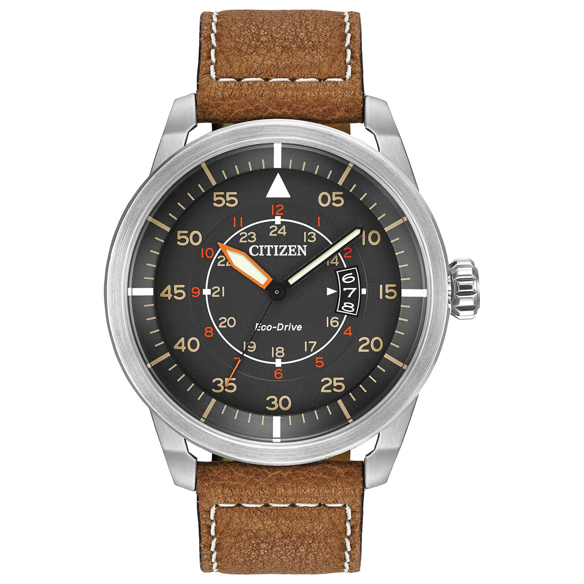 Citizen Men's Eco-Drive Weekender Avion Field Watch in Stainless Steel with Brown Leather strap, Grey Dial, 45mm (Model: AW1361-10H), Brown, Casual