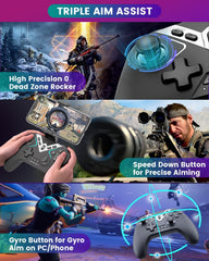 Bluetooth Controller for Windows PC/iPhone/Android/Switch/steam OS/TV, 2.4G Wireless Game Controller with USB Dongle&Phone Clip with Hall Trigger/2 Triggers/Macro/Joystick Speed Down/Gyro Aim/Motors