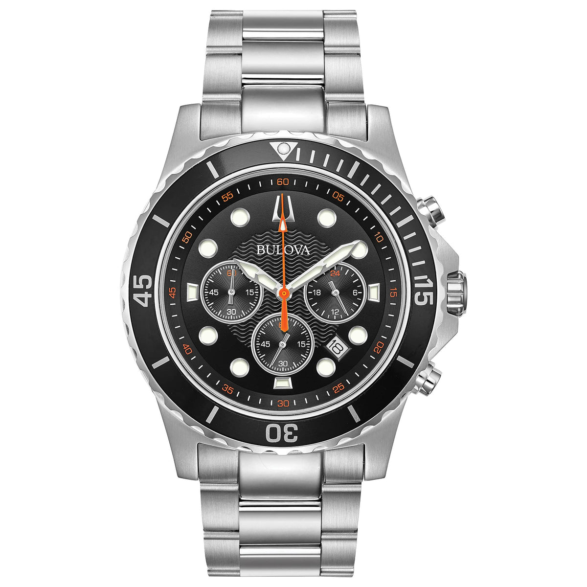Bulova Men's Classic Sport 6-Hand Chronograph Quartz Watch, Calendar Date, Luminous Hands and Markers, 100M Water Resistant, 44mm - silver