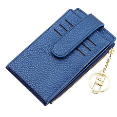 Valentoria Slim RFID Blocking Card Holder Small Pocket Wallet Keychian Zipper Coin Purse Mini Cash & Coin & Cards Case for Women Men, ZZ1-A-Lichee Leather-Dark Blue