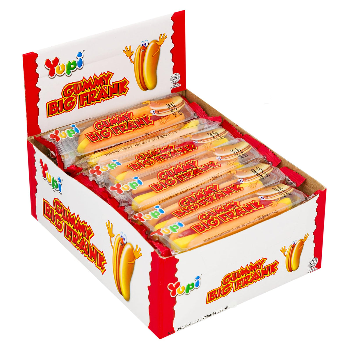 Yupi Big Frank Gummy Candy, 28g, Pack of 24, Individually Wrapped Hot Dog Shaped Gummies, Fun Snack for Kids & Adults, Halal Certified