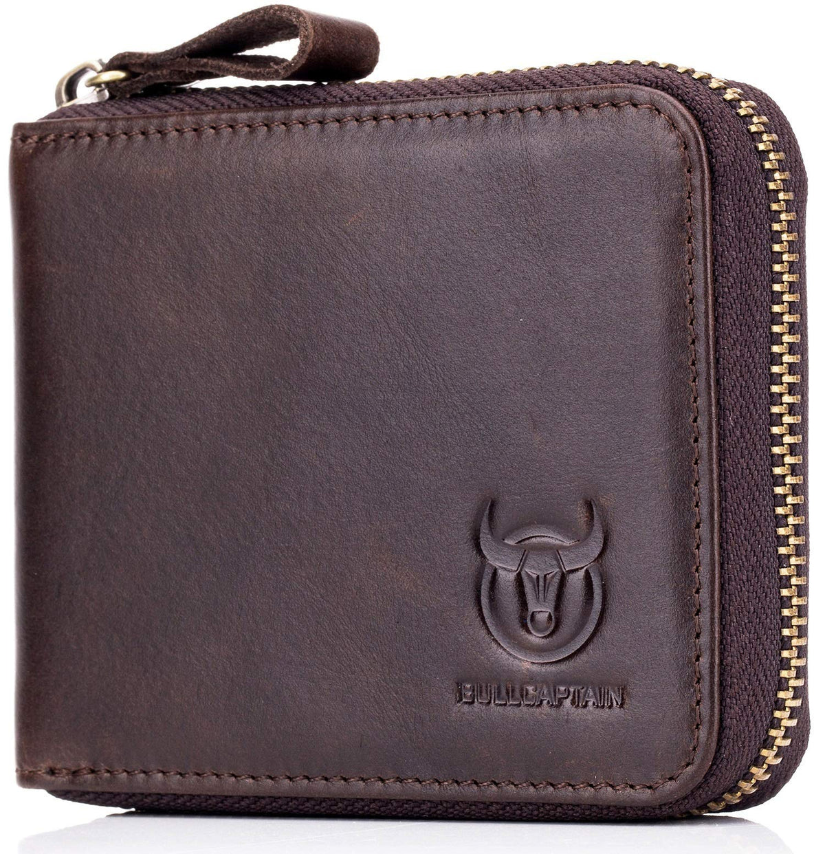 bullcaptain Mens Genuine Leather Zipper Wallet RFID Blocking Bifold Secure Zip Around Wallets Multi Credit Card Holder Purse (brown), brown, Small, Simplicity