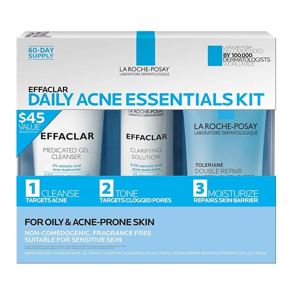 La Roche-Posay Effaclar Daily Acne Essentials Kit, Acne Treatment System, Salicylic Acid Acne Cleanser, Pore Refining Toner, & Matte Face Moisturizer for Oily Skin & Combination Skin, Oil-Free, 2 Month Supply