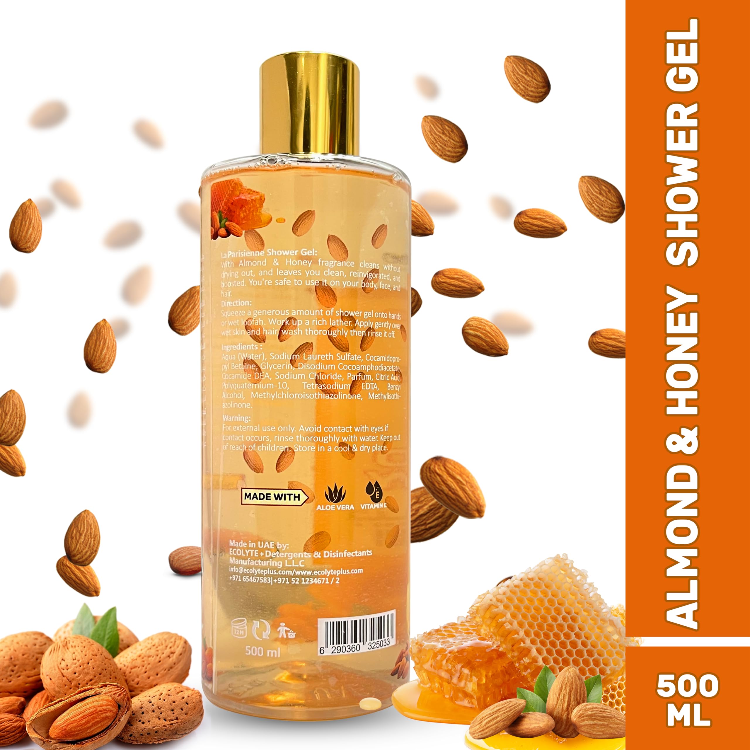 ECOLYTE+ Disinfectant La Parisienne Premium Luxury Shower Gel, Women Men with Vitamin E, Moisturizing, Soft & Silky Skin, Germ Protection, 12h Complete Odour Protection, (Almond & Honey, 500 ml)